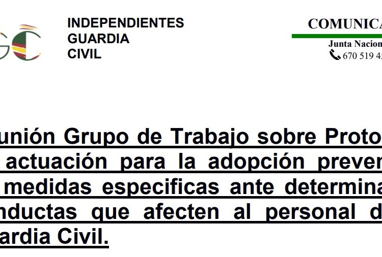 Reunión Grupo de Trabajo sobre Protocolo de actuación para la adopción preventiva  de medidas especificas ante determinadas conductas que afecten al personal de la Guardia Civil.