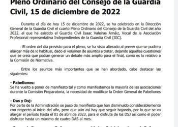 Resumen del Pleno ordinario 15-12-22 Consejo Guardia Civil (Diciembre)