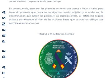 LA PLATAFORMA POR UNA JUBILACIÓN DIGNA Y LA PLENA EQUIPARACIÓN SALARIAL DE POLICÍAS Y GUARDIAS CIVILES URGE A QUE SE CORRIJAN LAS DIFERENTES VELOCIDADES EXISTENTES EN EL MODELO DE SEG. PÚBLICA