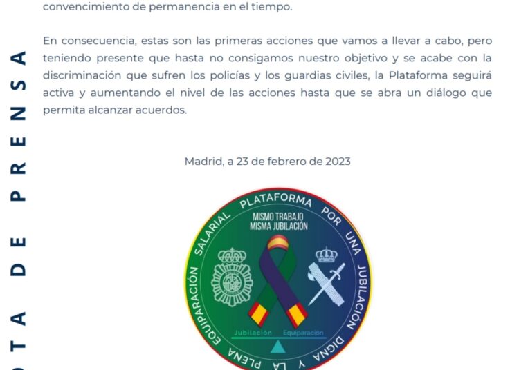 LA PLATAFORMA POR UNA JUBILACIÓN DIGNA Y LA PLENA EQUIPARACIÓN SALARIAL DE POLICÍAS Y GUARDIAS CIVILES URGE A QUE SE CORRIJAN LAS DIFERENTES VELOCIDADES EXISTENTES EN EL MODELO DE SEG. PÚBLICA