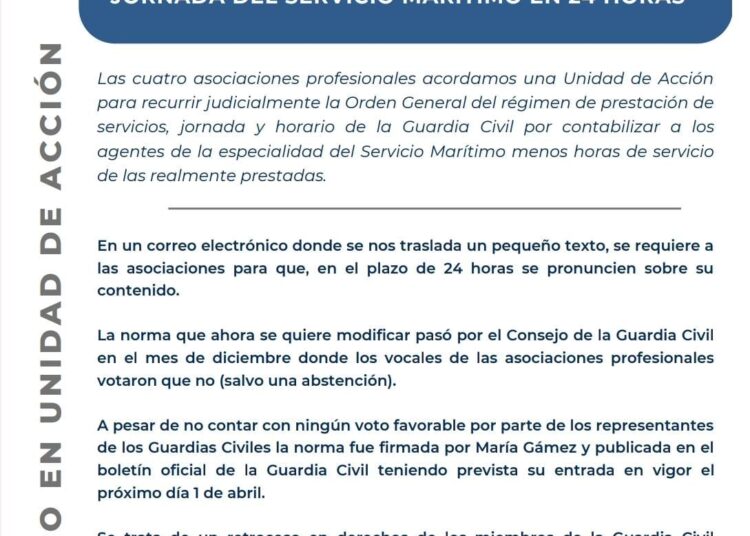 LA DIRECCIÓN GENERAL DE LA GUARDIA CIVIL QUIERE MODIFICAR LA ORDEN QUE REGULA LA JORNADA DEL SERVICIO MARÍTIMO EN 24 HORAS