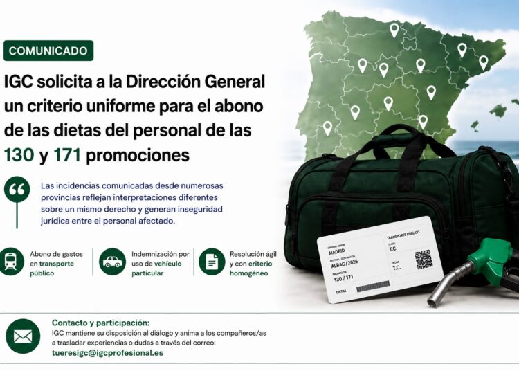 IGC solicita a la Dirección General un criterio uniforme para el abono de las dietas del personal de las 130 y 171 promociones